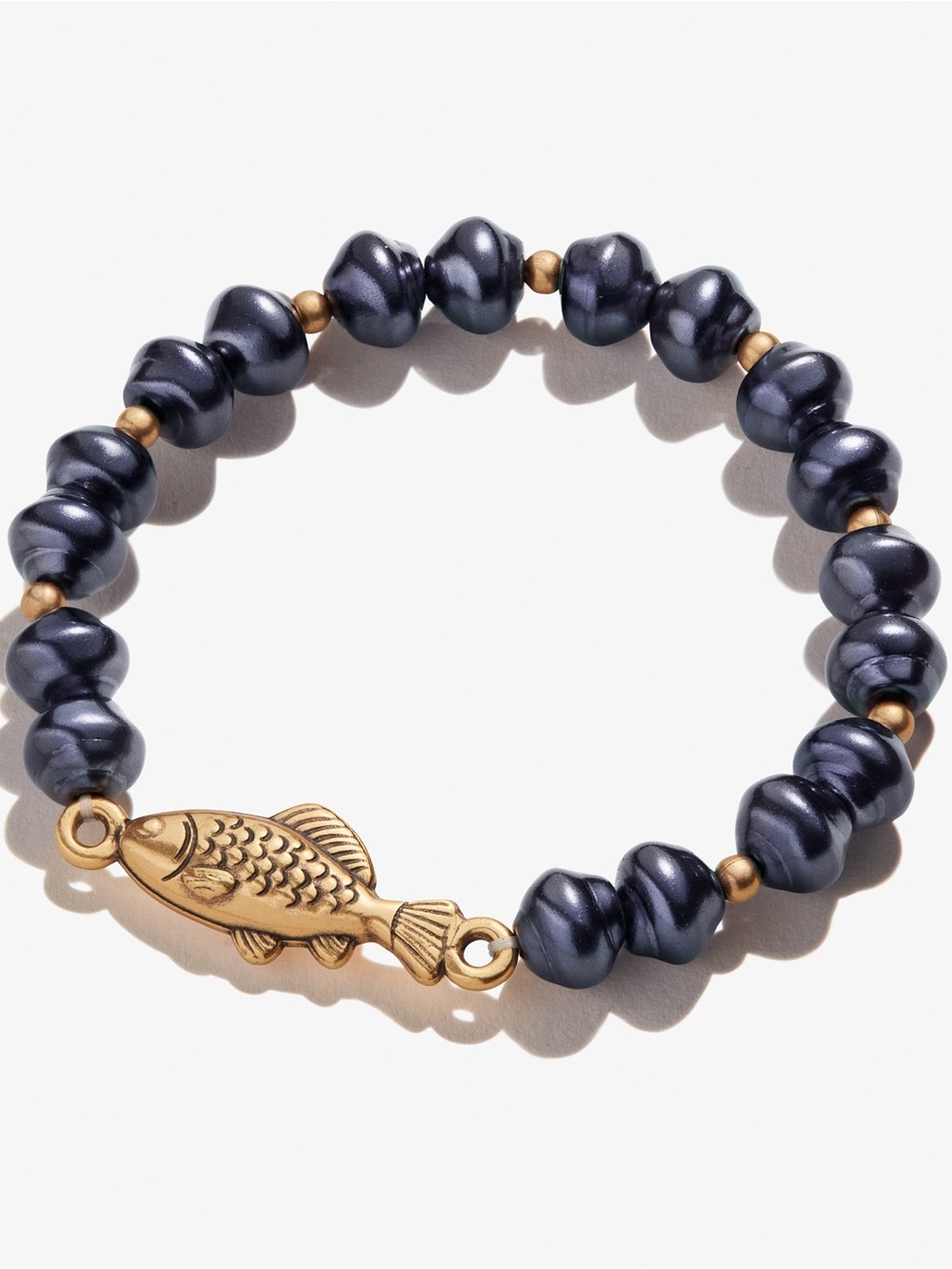 Alex and Ani Retired 2021 Blue Pearl Beaded Stretch Bracelet with Gold Accent